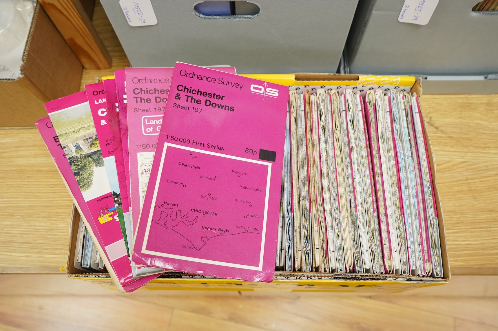 A collection of Ordnance Survey maps, including; Pathfinder 1:25,000 second series, 1:25,000 first series, and Landranger series 1:50,000, etc. (3 boxes)